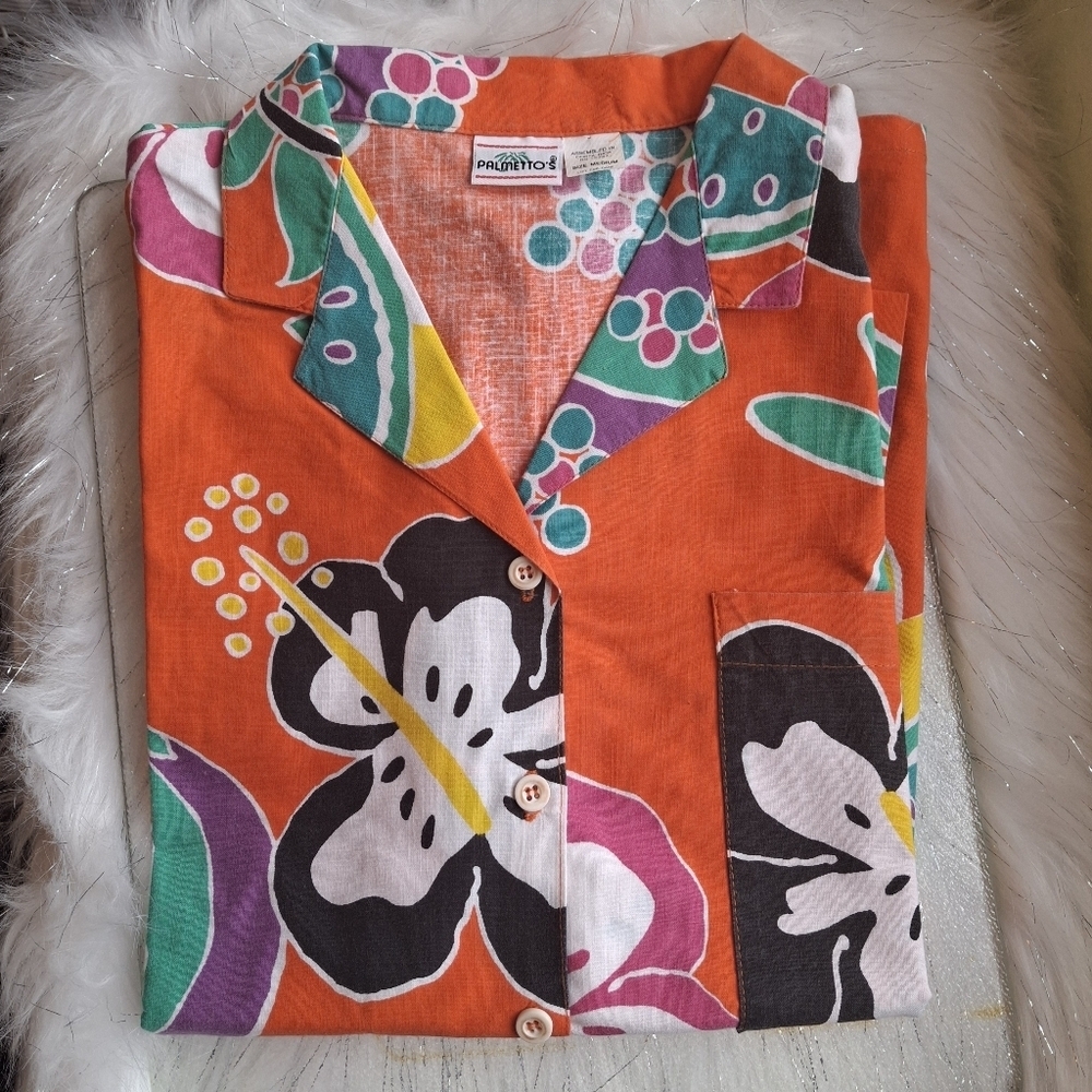 Palmetto's Hawaiian Orange Button Short Sleeve Summer Blouse Women Size Medium - Picture 9 of 11